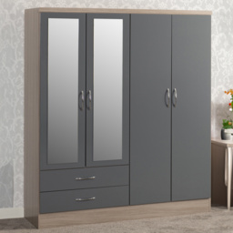 Seconique Nevada 4 Door 2 Drawer Grey Gloss and Light Oak Veneer Mirror Wardrobe - Size: 4 Door, 2 Drawer - Wilko - thumbnail 1