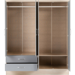 Seconique Nevada 4 Door 2 Drawer Grey Gloss and Light Oak Veneer Mirror Wardrobe - Size: 4 Door, 2 Drawer - Wilko - thumbnail 4