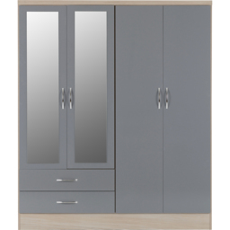Seconique Nevada 4 Door 2 Drawer Grey Gloss and Light Oak Veneer Mirror Wardrobe - Size: 4 Door, 2 Drawer - Wilko - thumbnail 3