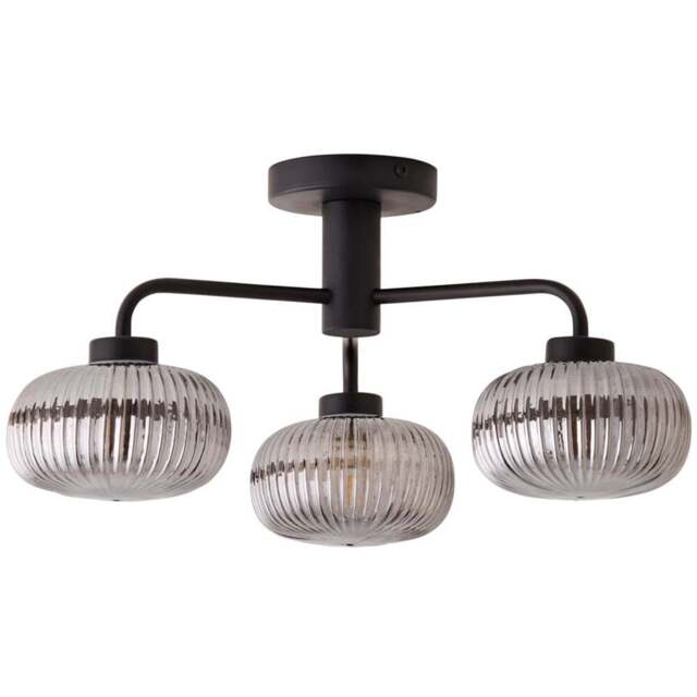 ValueLights Amaia Matt Black 3 Way Smoked Ribbed Glass LED Ceiling Light - Wilko - image 1