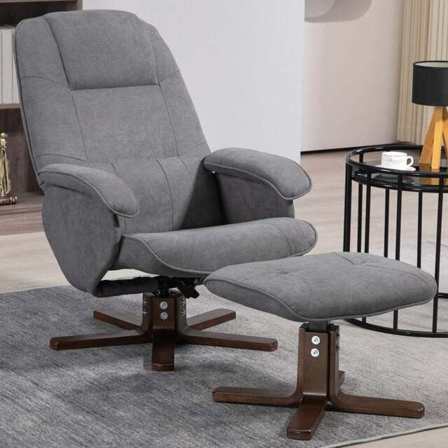 Portland Grey Linen Swivel Manual Recliner Chair with Footstool - Size: Single - Wilko
