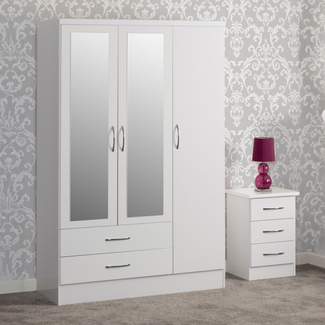 Seconique Nevada 3 Door 2 Drawer Gloss White Mirror Wardrobe - Size: 3 Door, 2 Drawer - Wilko - image 1
