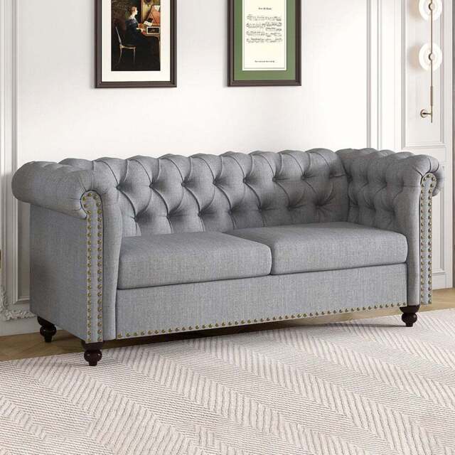 Victoria 2 Seater Grey Linen Button Tufted Chesterfield Sofa - MCC - Wilko - image 1