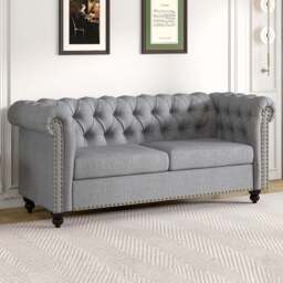 Victoria 2 Seater Grey Linen Button Tufted Chesterfield Sofa - MCC - Wilko - thumbnail 1