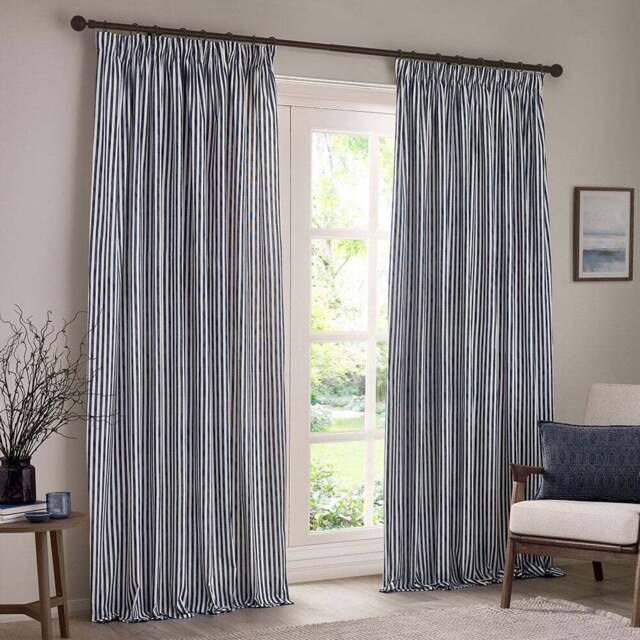 Yard Hebden Blue Striped Cotton Pencil Pleat Curtains 229 x 183cm - Size: 183 x 229 x 1cm - Wilko - image 1