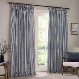 Yard Hebden Blue Striped Cotton Pencil Pleat Curtains 229 x 183cm - Size: 183 x 229 x 1cm - Wilko