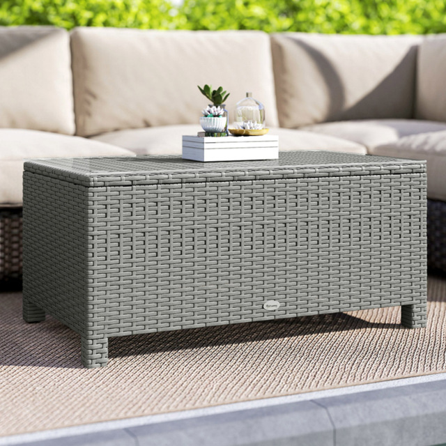 Outsunny Light Grey PE Rattan Wicker Glass Top Garden Coffee Table - Size: 39 x 85 x 50cm - Wilko - image 1