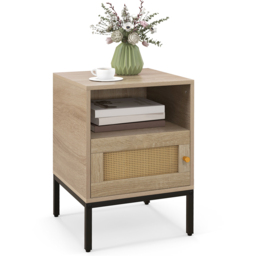 Costway Single Door Natural Home Boho Style Nightstand Accent Cabinet - Cream - Wilko - thumbnail 4