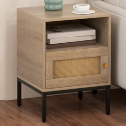 Costway Single Door Natural Home Boho Style Nightstand Accent Cabinet - Cream - Wilko - thumbnail 1