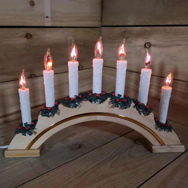 Premier 7 Flickering Warm White LED White Wooden Arched Christmas Candle Bridge - Size: 25 x 25 x 15cm - Wilko - image 1