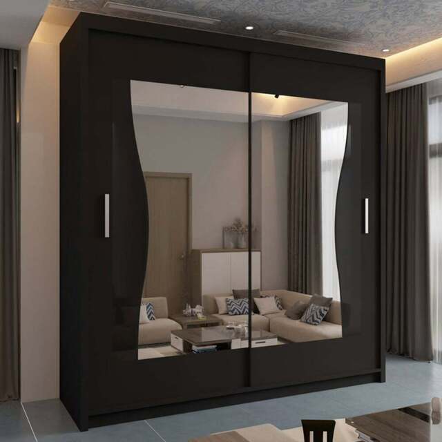 Sliding Wardrobes 4U Batumi 2 Door Black Compact Curved Mirrored Wardrobe 150cm - Wilko - image 1