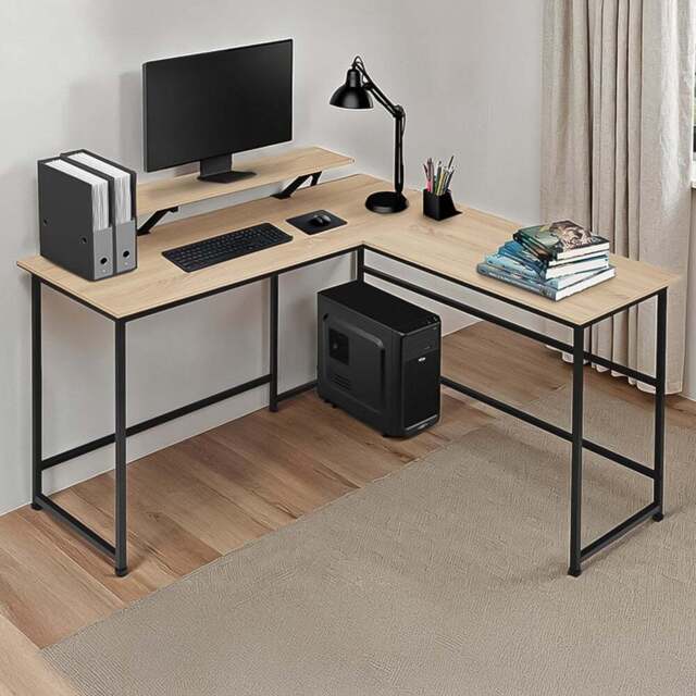 tectake Melrose Oak Sonoma Corner Desk with Movable Monitor Stand - Brown - Wilko - image 1