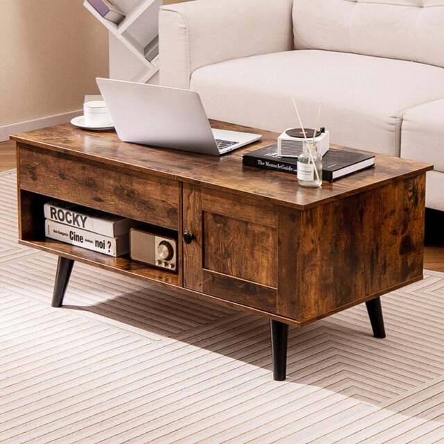 Costway Single Door Single Shelf Rustic Brown Lift Top Coffee Table - Size: 111 x 59 x 13cm - Wilko - image 1