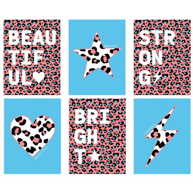 Wee Blue Coo Blue and Pink Leopard Pattern Bold Shapes Wall Art Print 30 x 41cm 6 Pack - Size: 40.5 x 30.5 x 0.3cm - Multi - Wilko - image 1
