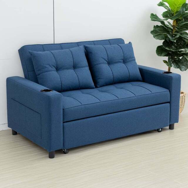 HOMCOM 2 Seater Dark Blue Pull Out Sofa Bed with Pockets - Wilko - image 1