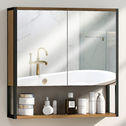 HOMCOM 2 Door Natural Industrial Mirror Bathroom Cabinet - Size: 60 x 16 x 60cm - Brown - Wilko - thumbnail 1