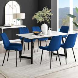 Furniturebox Copeland Cesano Marble Effect 6 Seater Dining Set White Navy and Black - Blue - Wilko - thumbnail 1