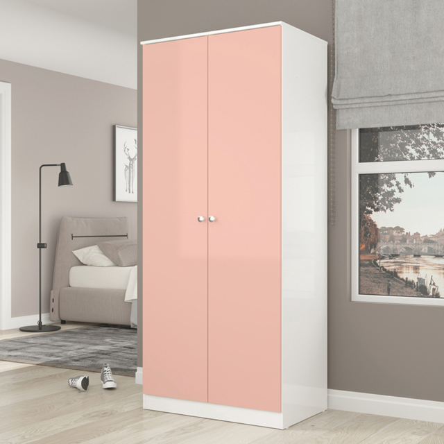 Seconique Denver 2 Door White and Pink Gloss Wardrobe - Size: 175 x 75 x 48cm - White/Pink Gloss - Wilko - image 1