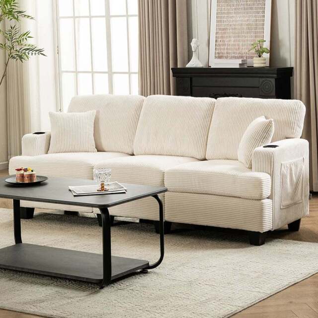 Living and Home 3 Seater Beige White Corduroy Sofa with Cup Holders and Cushions - Wilko - image 1