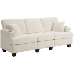 Living and Home 3 Seater Beige White Corduroy Sofa with Cup Holders and Cushions - Wilko - thumbnail 3