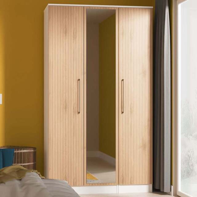 Crowndale Worcester 3 Door Slatt Effect and White Tall Mirrored Wardrobe Ready Assembled - Slatt Effect & White - Wilko - image 1