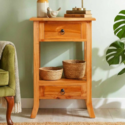 vidaXL 2 Drawer Single Shelf Natural Solid Mahogany Wood Console Table - Size: 75.5 x 50.5 x 30cm - Brown - Wilko