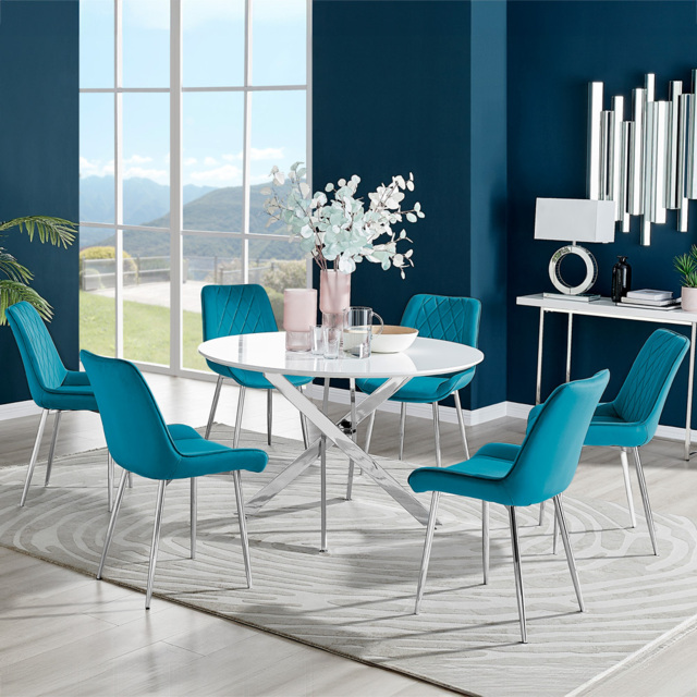 Furniturebox Arona Cesano 6 Seater Round Dining Set White Gloss Chrome and Blue - Wilko - image 1
