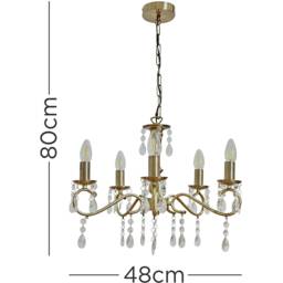 ValueLights Argyll 5 Light Antique Brass Ceiling Chandelier - Size: 80 x 48 x 48cm - Gold - Wilko - thumbnail 7