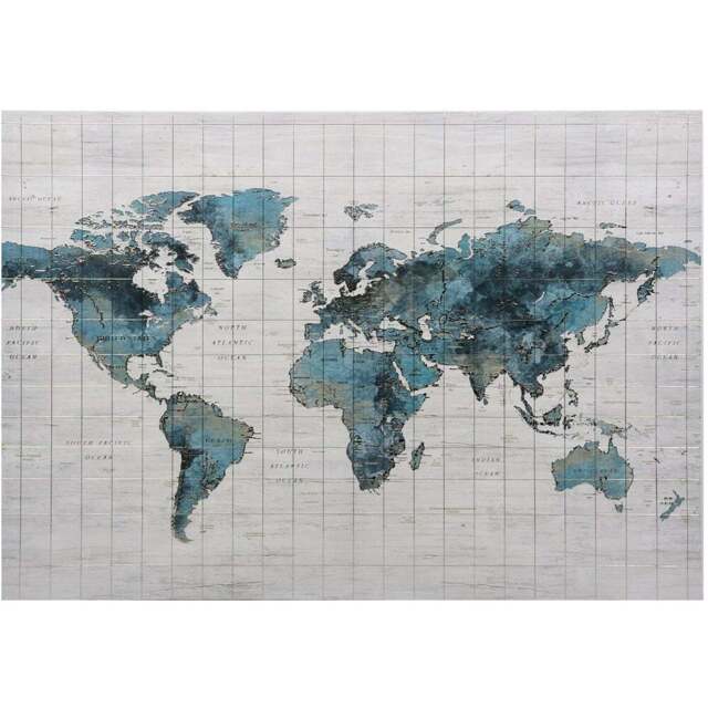 Azure Embossed Foil World Map Wall Art 70 x 100cm - Size: 100 x 70 x 2.8 - Wilko