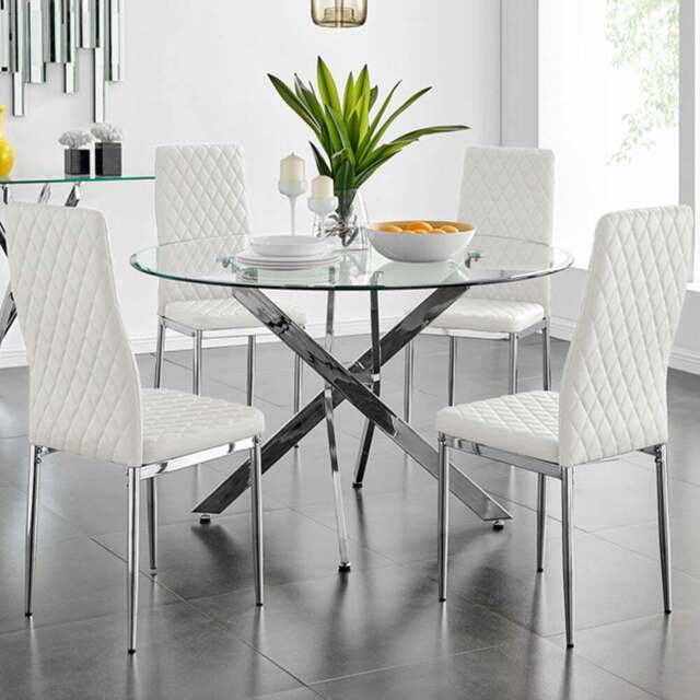 Furniturebox Arona Valera Glass 4 Seater Round Dining Set Chrome and White - Wilko - image 1