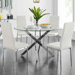 Furniturebox Arona Valera Glass 4 Seater Round Dining Set Chrome and White - Wilko - thumbnail 1