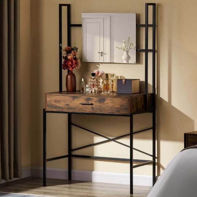 Vida Designs Brooklyn Single Drawer Dark Wood Industrial Vanity Dressing Table with Mirror - Size: 40 x 83 x 150cm - Brown - Wilko - image 1