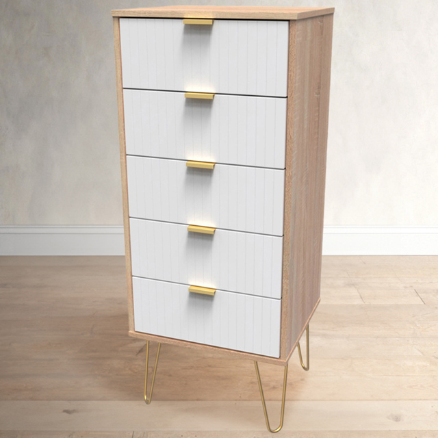 Crowndale 5 Drawer White Matt and Bardolino Oak Chest of Drawers Ready Assembled - Wilko - image 1