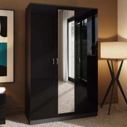 FWStyle Chilton 3 Door Black Gloss Mirrored Wardrobe - Wilko