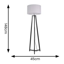ValueLights Lottie Grey Fabric Drum Shade Black Wood Tripod LED Floor Lamp - Size: 148 x 45 x 45cm - Wilko - thumbnail 5