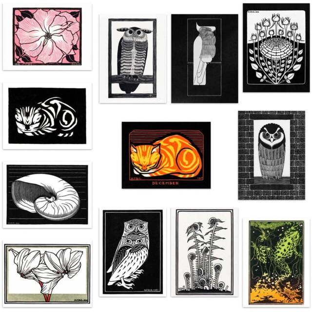 Artery8 Vintage 1917 Julie De Graag Owl Cat Frog Fern Wall Art Print 30 x 41cm 12 Pack - Size: 40.5 x 30.5 x 0.3cm - Multi - Wilko - image 1