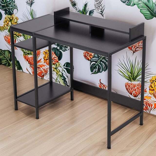Living and Home 3 Shelf Black Office Desk with Monitor Stand - Size: 84 x 100 x 46cm - Cream - Wilko
