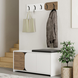 Decortie Moni 3 Door White and Dark Oak Shoe Cabinet with 5 Hook Hanger and Fabric Seat - Size: 52 x 104.9 x 37cm - Multi - Wilko - thumbnail 1