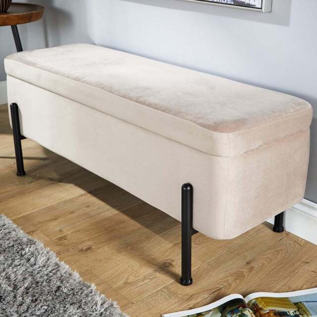 Home Source Oasis Grey Velvet Storage Ottoman with Metal Legs - Size: 44 x 110 x 42cm - Wilko - image 1