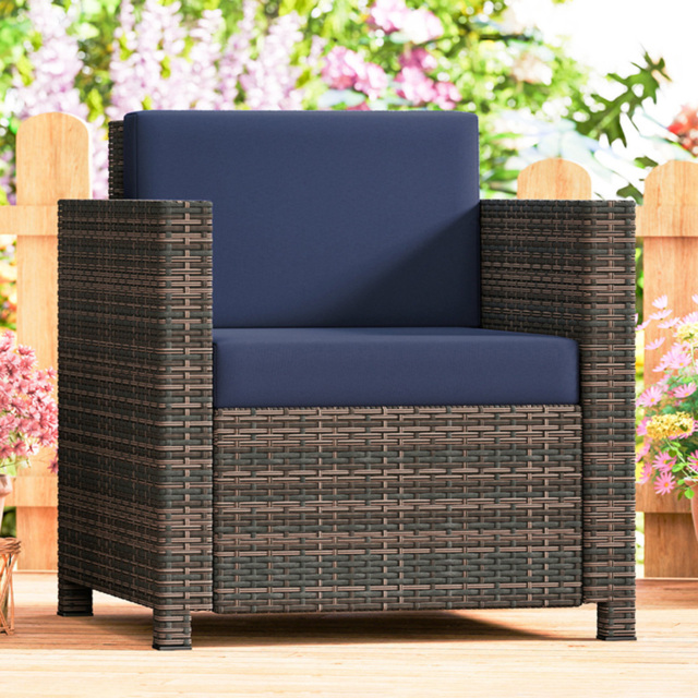 Outsunny Rattan Brown and Blue Cushioned Garden Armchair - Size: 80 x 75 x 70cm - Mixed Brown/Navy Blue - Wilko - image 1
