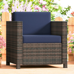 Outsunny Rattan Brown and Blue Cushioned Garden Armchair - Size: 80 x 75 x 70cm - Mixed Brown/Navy Blue - Wilko