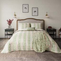 Helena Springfield Super King Size Green and Pink Oak Stripe Duvet Set - Green / Pink - Wilko