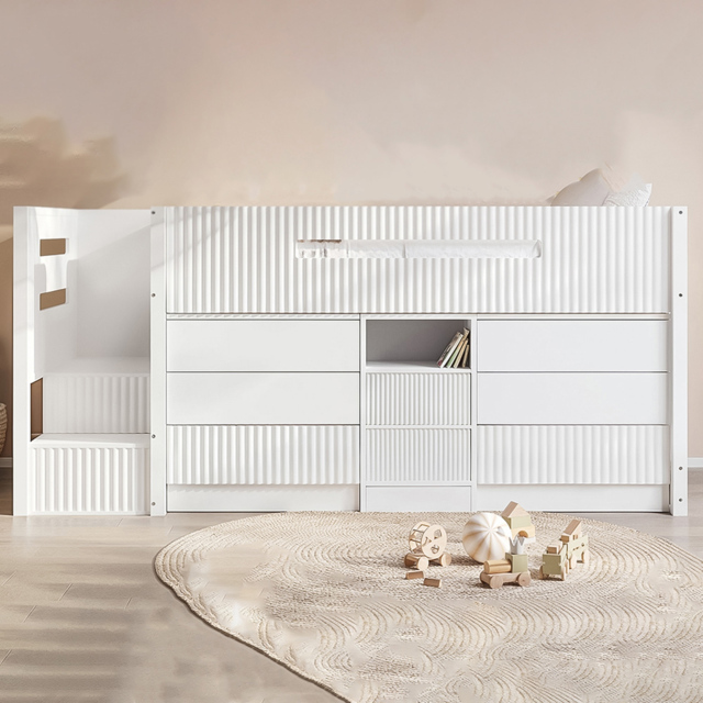 Flair Luca White Ribbed Mid Sleeper Bed with Chest and Cabinet - Size: 113 x 102 x 245.6cm - Wilko - image 1