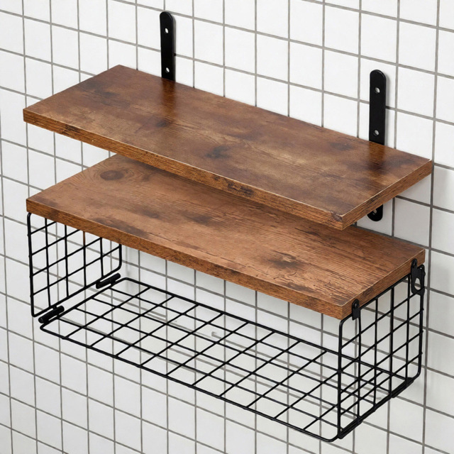 Living and Home 2 Shelf Wooden Wall-Mounted Floating Shelf with Wire Basket - Size: 15.5 x 40 x 14.7cm - Dark Wood - Wilko - image 1