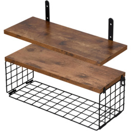 Living and Home 2 Shelf Wooden Wall-Mounted Floating Shelf with Wire Basket - Size: 15.5 x 40 x 14.7cm - Dark Wood - Wilko - thumbnail 3