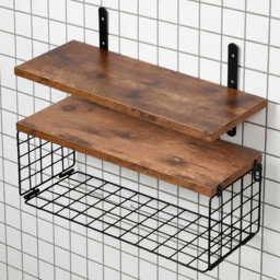 Living and Home 2 Shelf Wooden Wall-Mounted Floating Shelf with Wire Basket - Size: 15.5 x 40 x 14.7cm - Dark Wood - Wilko - thumbnail 1