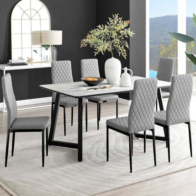 Furniturebox Copeland Valera Marble Effect 6 Seater Dining Set White Grey and Black - Wilko - image 1