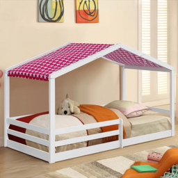 Brooklyn Single White Wooden House Style Bed with Red Tent - Wilko