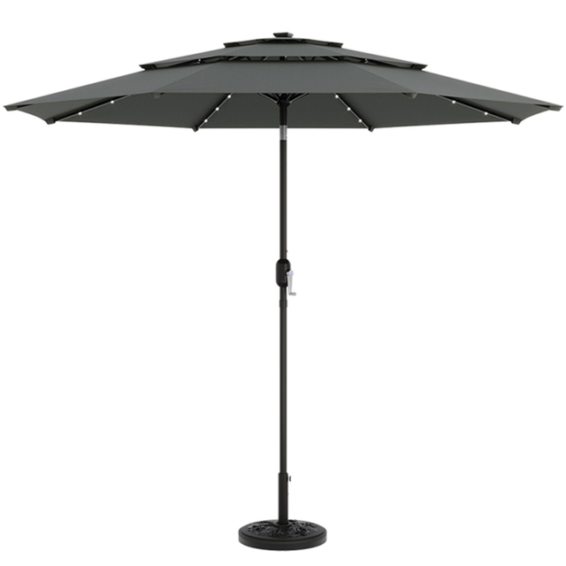 Living and Home 3 Tier Dark Grey Solar LED Crank and Tilt Parasol with Rose Cement Base 3m - Wilko - image 1