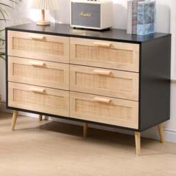 FurnitureHMD 6 Drawer Black and Natural Rattan Woven Front Wooden Chest of Drawers - Wilko - thumbnail 1